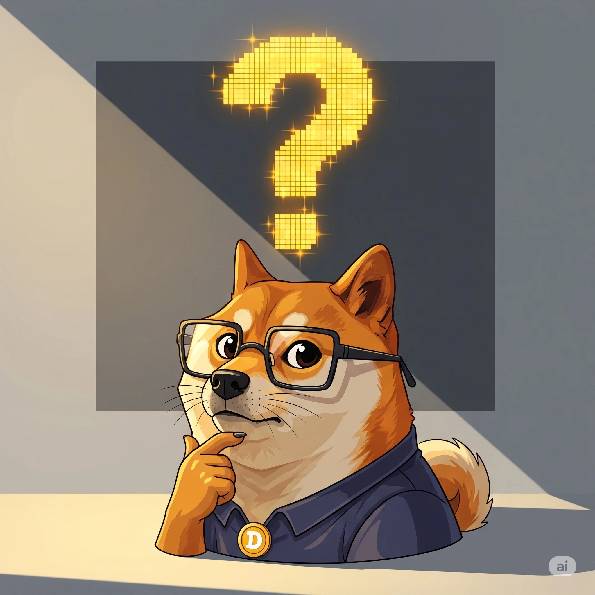 The Dogecoin Shiba Inu dog with a thoughtful expression and a question mark
